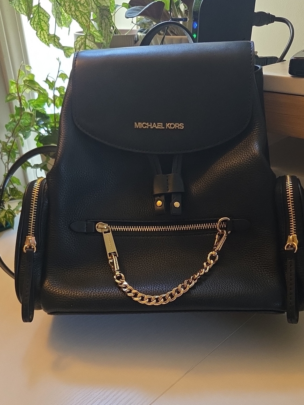 Michael Kors Black Leather Backpack with Gold Chain Accent